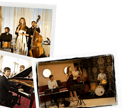 Jazzband mit Sängerin, Kontrabass und Schlagzeuger sowie Foto von Pianist